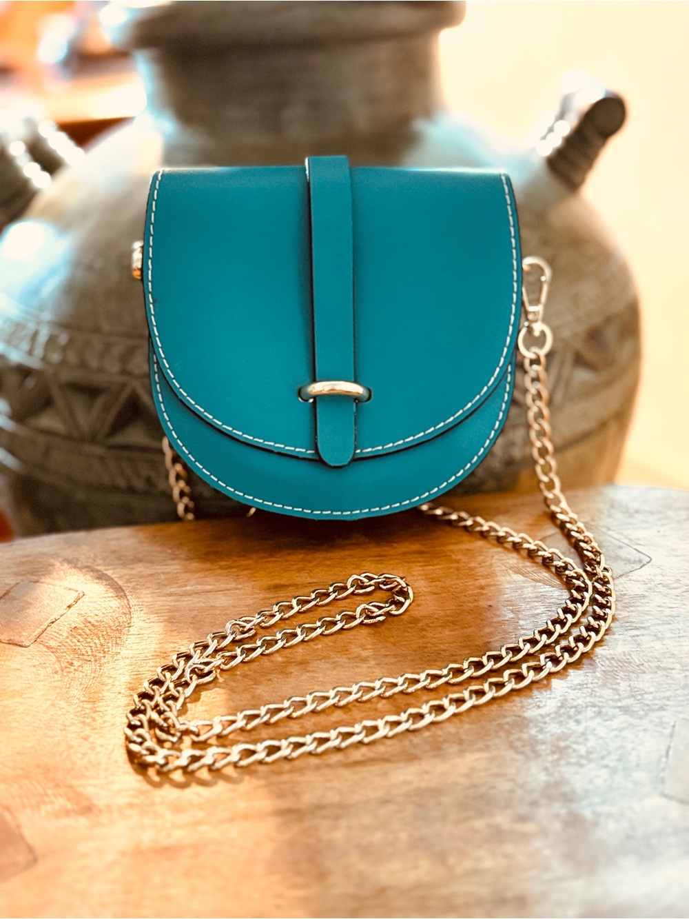 Pelle Italy Leather Teal Mini Saddle Crossbody Bag- with 48” Gold Chain strap